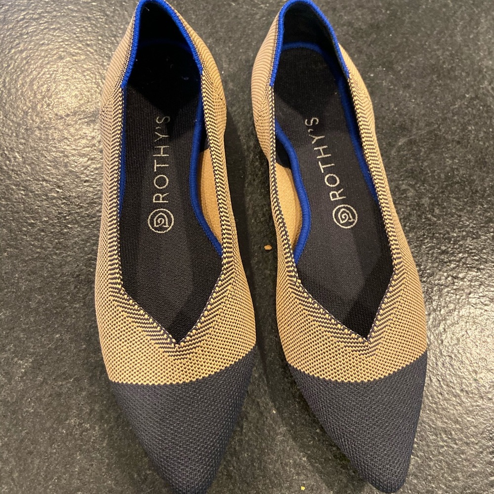Rothy’s- The Point, tan and black, cap toe flats